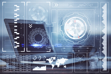 Double exposure of desktop computer and technology theme hologram. Concept of software development.