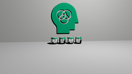 3D representation of HEAD with icon on the wall and text arranged by metallic cubic letters on a mirror floor for concept meaning and slideshow presentation. illustration and background