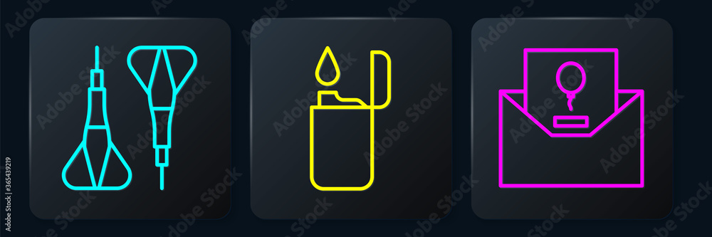 Poster set line dart arrow, invitation and lighter. black square button. vector.