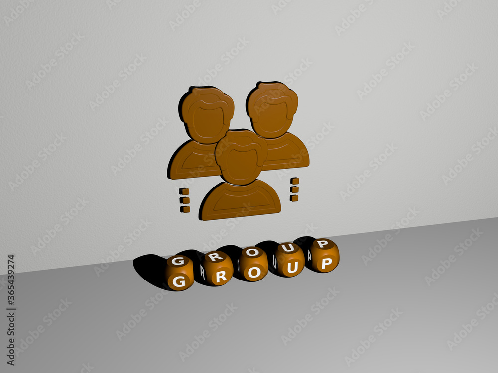 Poster 3D graphical image of GROUP vertically along with text built by metallic cubic letters from the top perspective, excellent for the concept presentation and slideshows. background and illustration