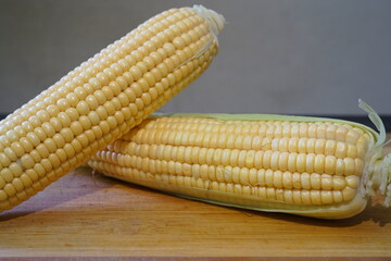 Closeup of two cobs of corn.