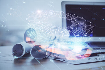 Technology theme drawing and table with computer. Double exposure. Concept of information.