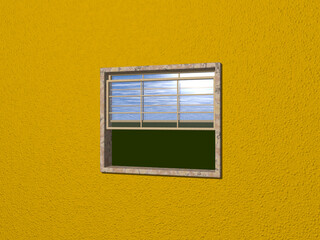 Open sash window from dark orange wall viewing outside lawn with cloudy sky. sone frame and wooden window 3D render. background and abstract