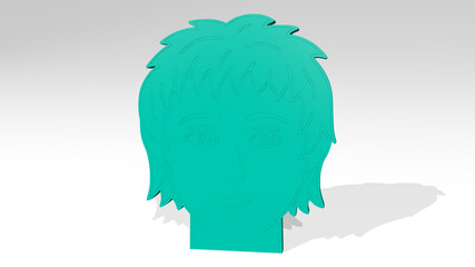 boy head from a perspective on the wall. A thick sculpture made of metallic materials of 3D rendering. child and illustration