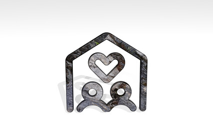 couple home man woman made by 3D illustration of a shiny metallic sculpture casting shadow on light background. happy and beautiful