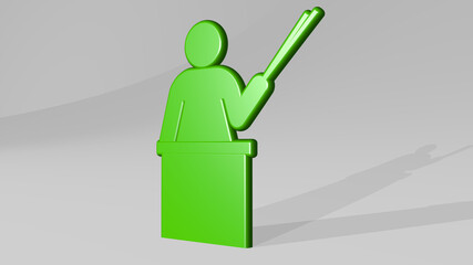 TEACHER made by 3D illustration of a shiny metallic sculpture with the shadow on light background. school and education