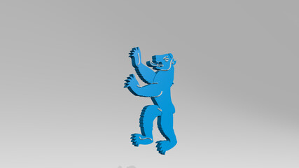 BEAR SYMBOL made by 3D illustration of a shiny metallic sculpture on a wall with light background. animal and cute