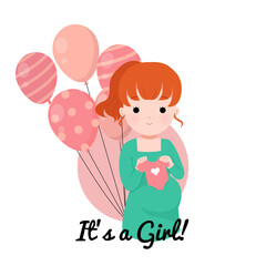 Baby gender reveal girl. Baby shower illustration. Cute pregnant lady holding baby clothes. Flat vector isolated on white background