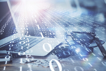 Double exposure of computer and technology theme hologram. Concept of freelance work.