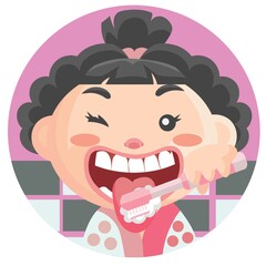 girl cleaning her tongue with toothbrush