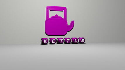 3D representation of kettle with icon on the wall and text arranged by metallic cubic letters on a mirror floor for concept meaning and slideshow presentation. illustration and background