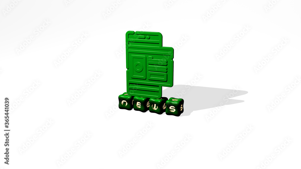 Poster 3d graphical image of news vertically along with text built by metallic cubic letters from the top p
