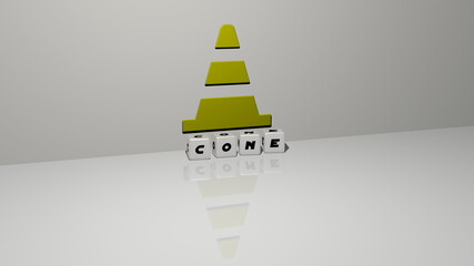 3D representation of cone with icon on the wall and text arranged by metallic cubic letters on a mirror floor for concept meaning and slideshow presentation. background and illustration