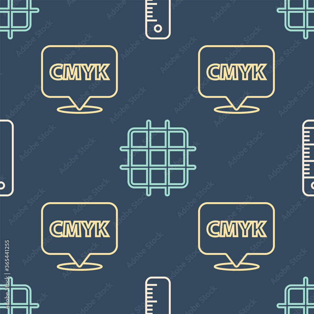 Poster set line ruler, speech bubble with text cmyk and grid graph paper on seamless pattern. vector.