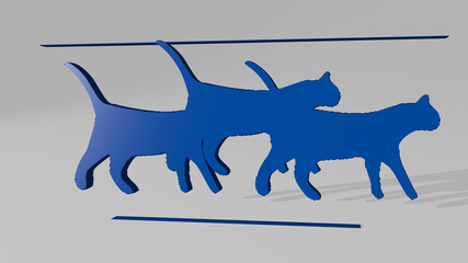 cats stand with shadow. 3D illustration of metallic sculpture over a white background with mild texture. animal and cute