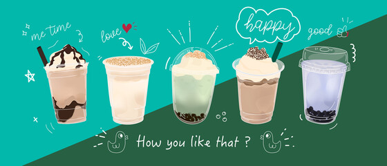 Bubble milk tea Special Promotions design, Boba milk tea, Pearl milk tea , Yummy drinks, coffees and soft drinks with logo and doodle style advertisement banner. Vector illustration.