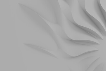 Modern abstract parametric three-dimensional background of a set of wavy white three-dimensional petals converging in a cent. 3D illustration