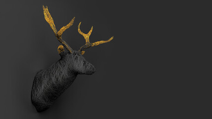 Lots of shiny threads intertwined in the shape of a voluminous deer head on the wall. Christmas concert. 3D illustration