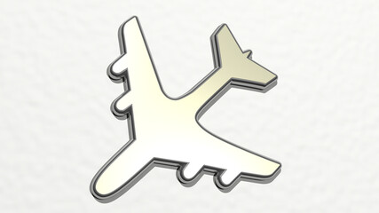 aeroplane on the wall. 3D illustration of metallic sculpture over a white background with mild texture. airplane and aircraft