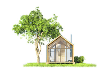 Modern small wooden house in the Scandinavian style barnhouse, with a metal roof and large Windows on an island of greenery with trees. On a white background, isolated, 3D illustration