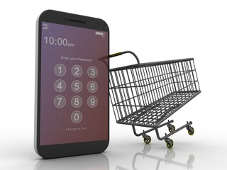 3d rendering mobile phone with shopping cart