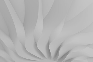 Modern realistic abstract parametric three-dimensional background of a set of wavy swirling white three-dimensional petals converging in a cent. 3D illustration