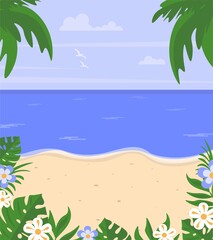 Fototapeta na wymiar Summer landscape. Vector illustration in flat cartoon style. Beach and seaside. Banner, postcard or landing page. Summer theme background.