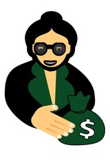 adult woman in glasses smiling while  holding a bag with dollar saving 