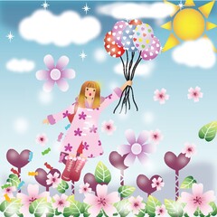 Obraz na płótnie Canvas girl with balloons flying to the sun