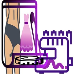 sewing machine with measure tape and pencil on background of device screen with dress beside of female body