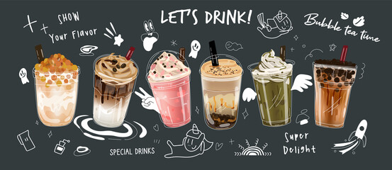 Bubble milk tea Special Promotions design, Boba milk tea, Pearl milk tea , Yummy drinks, coffees and soft drinks with logo and doodle advertisement banner. Vector illustration.