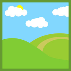 Cartoon summer landscape with blue sky, white clouds and green hills with road