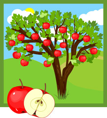 Cartoon apple tree with ripe red fruits and green leaves