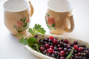 Berries in beautiful vintage dishes - still life on a white background, currants, raspberries and cherries-summer harvest. Beautiful mugs.