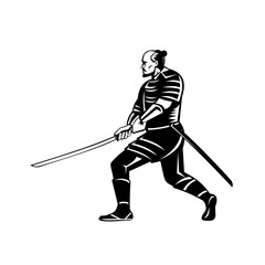 Samurai Warrior With Katana Sword in Fighting Stance Retro Black and White