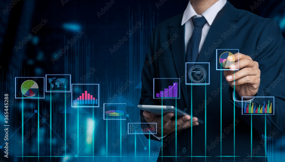 Poster double exposure of business people working with investment consultant analyzing and financial report