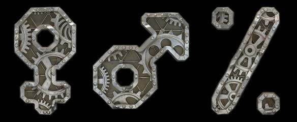 Mechanical alphabet made from rivet metal with gears on black background. Set of symbols female, male, percent. 3D