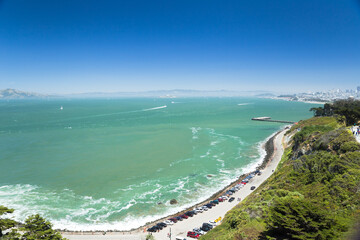 Fototapeta na wymiar Panorama view of Marine Dr at seaside in Golden Gate Bridge