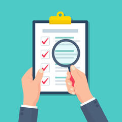 Businessman holding held magnifier on clipboard with audit document in a flat design © stas111