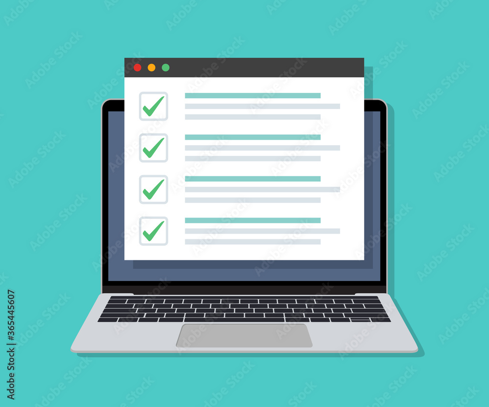 Poster laptop with online checklist on display in a flat design