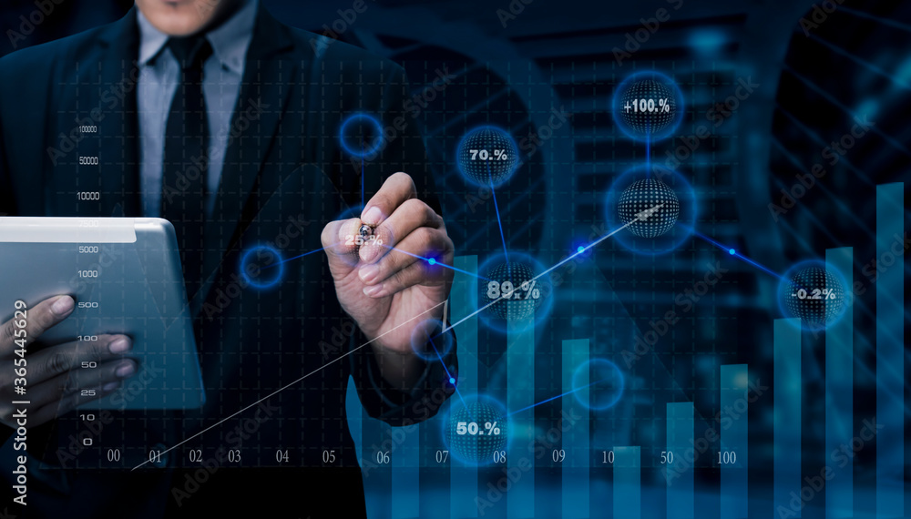 Poster double exposure of business people working with investment consultant analyzing and financial report