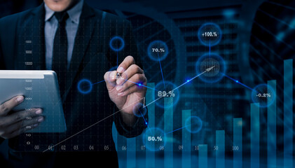 Double exposure of Business people working with investment consultant analyzing and financial report balance statement working with digital augmented reality graphics.