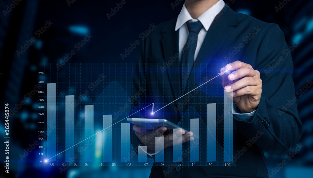 Poster double exposure of business people working with investment consultant analyzing and financial report