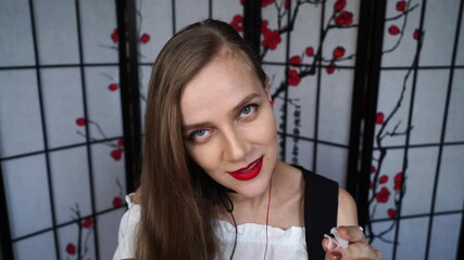 ASMR role play, Young beautiful woman smile flirty, gently click her tongue. Relaxing hand movements for hypnosis. Sticky wet sounds, fingers tapping. Cosmetolodyst spa beauty service, cozy room.