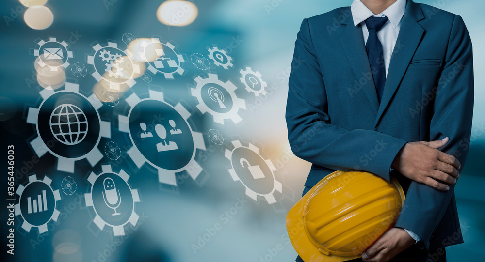 Poster double exposure engineering using digital technology interfaces icon with construction cranes no cit