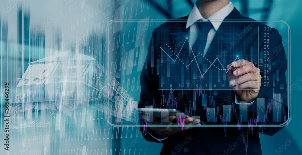 Poster double exposure of business people working with investment consultant analyzing and financial report