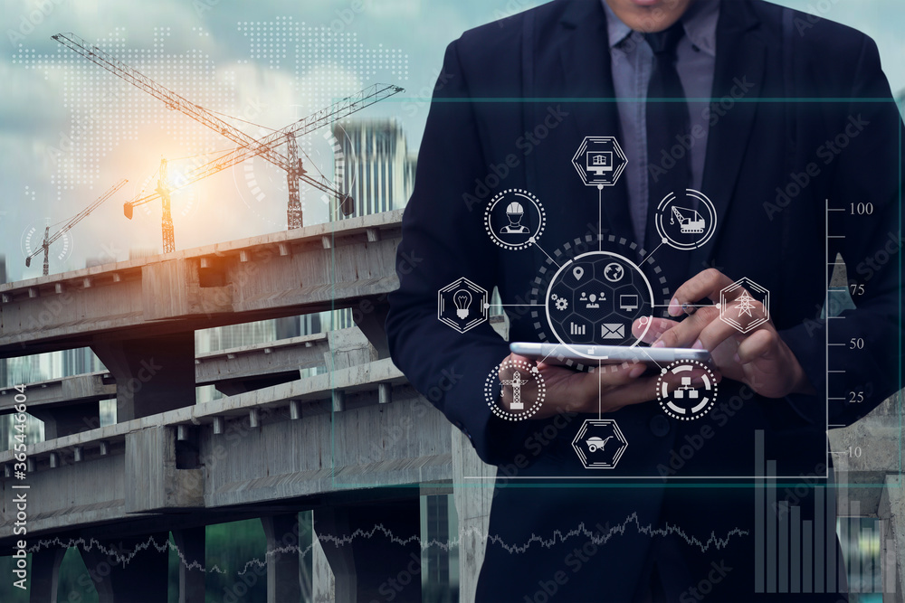 Aufkleber double exposure engineering using digital technology interfaces icon with construction cranes no cit