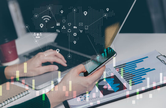 Finance analyst business hands working and analyzing stock market trend with forex graph on virtual screen, digital marketing concert.