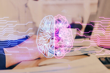 Brain multi exposure icon with man hands background.