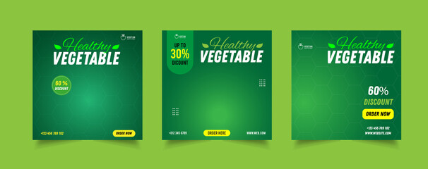 Food Social Media Banner for marketing, Restaurant Instagram promotion post, healthy green food sale banner, vegan restaurant discount square template